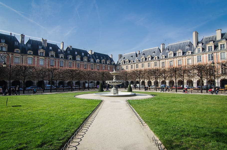 gray outdoor fountain, paris, place, place des vosges, architecture, HD wallpaper