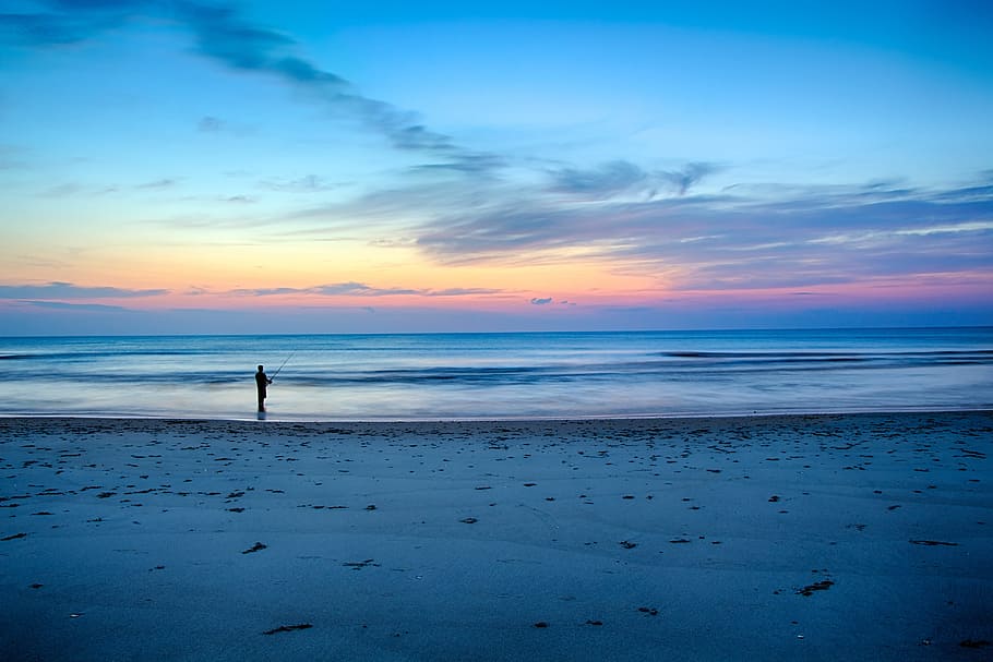 silhouette photo of person fishing, sky, tranquil, individual HD wallpaper