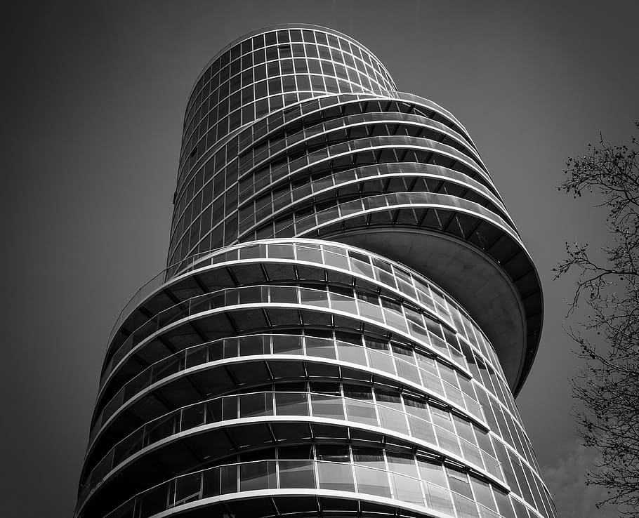grayscale photography of curtail wall, architecture, tower HD wallpaper