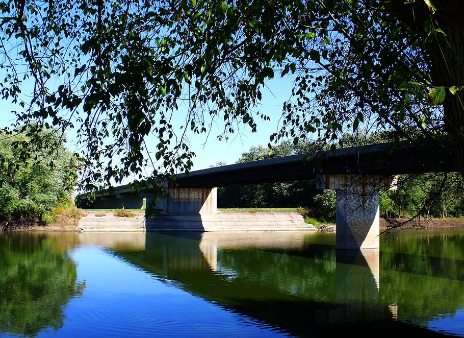 bridge, river, trees, reflection, scenery, scenic, idyllic HD wallpaper