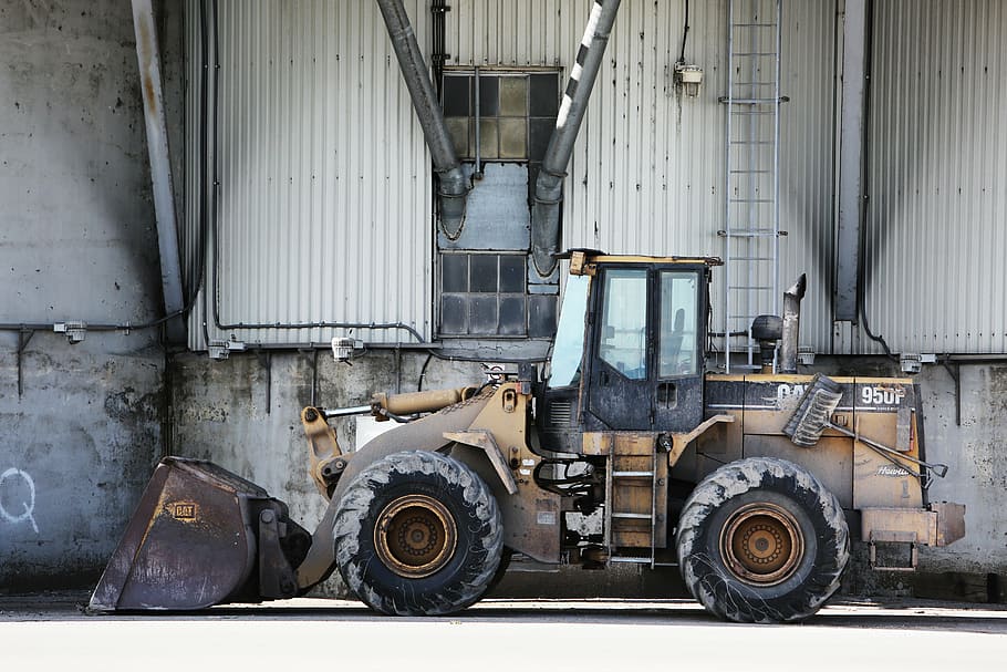 front loader parked on white pavement, excavator, montreal, quebec, HD wallpaper