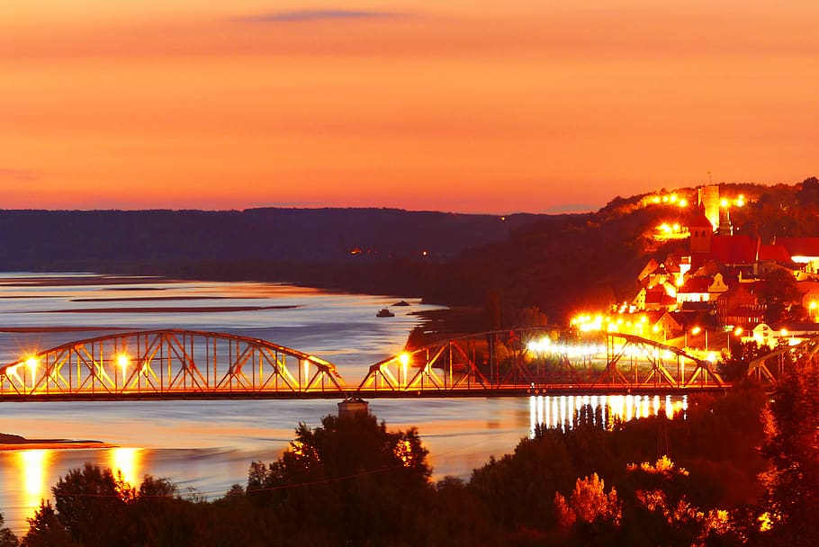 sunset, landscape, river, bridge, the wave is reflected, sky HD wallpaper