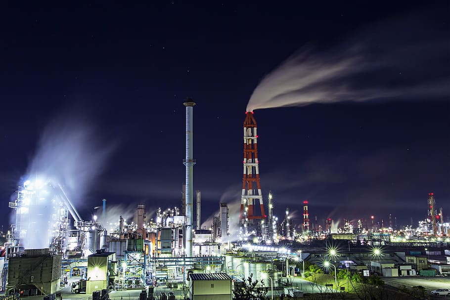 red and white tower, Factory, Industrial Complex, Night View HD wallpaper