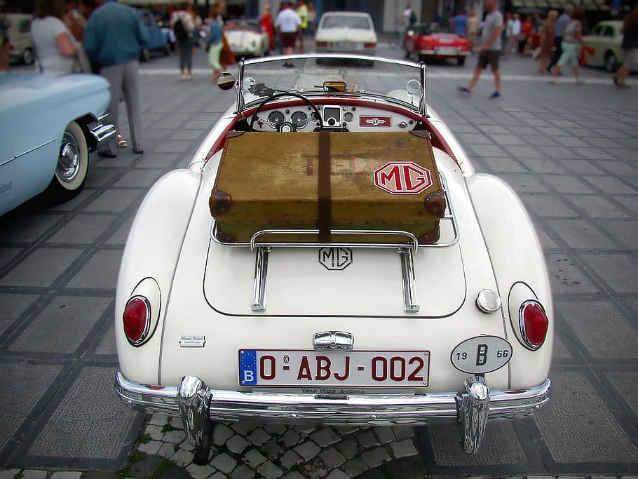 white convertible car on parking lot at daytime, oldtimer, mg HD wallpaper