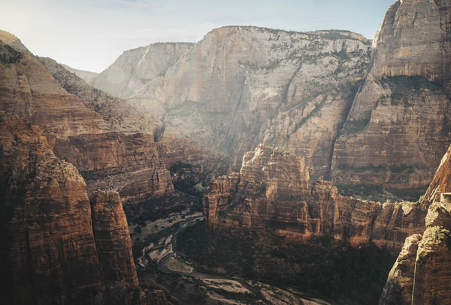 aerial photography of canyons, river in between mountain, rock HD wallpaper