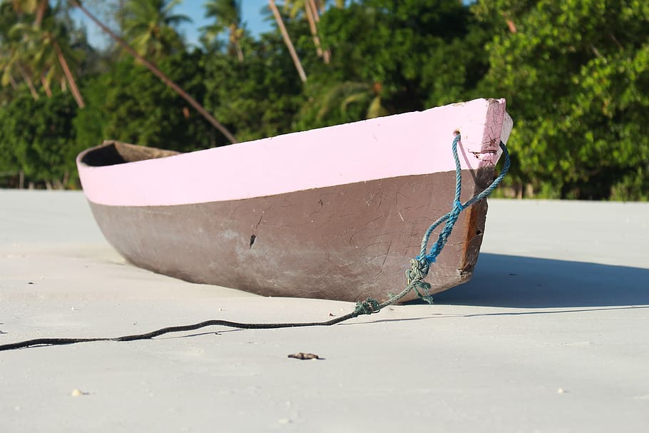 boat, kei islands, white sand, coconut, nautical vessel, day, HD wallpaper