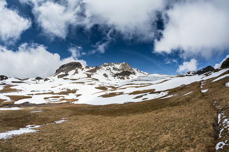 Mountain, Sky, Spring, Clouds, Snow, blue, white, green, alpes HD wallpaper