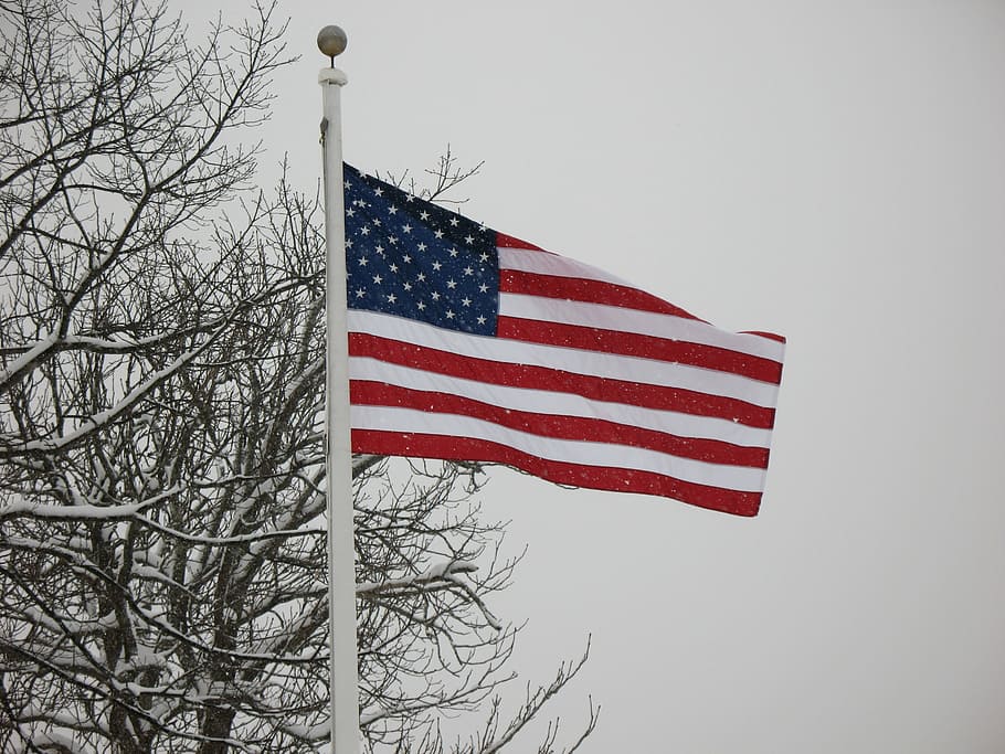 US flag on pole, american flag, winter, snow, storm, patriotic, HD wallpaper