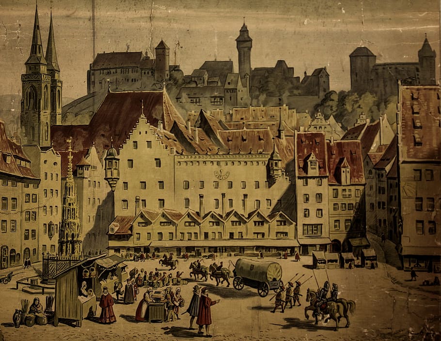 people walking on town square painting, middle ages, nuremberg