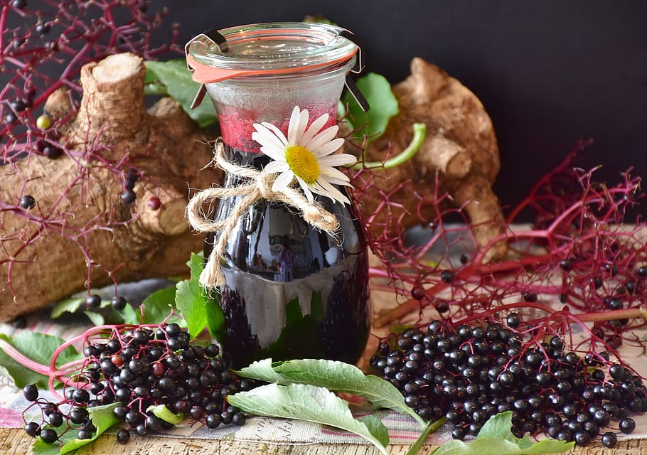 clear glass carafe with bunch of grapes, elder, elderberries HD wallpaper