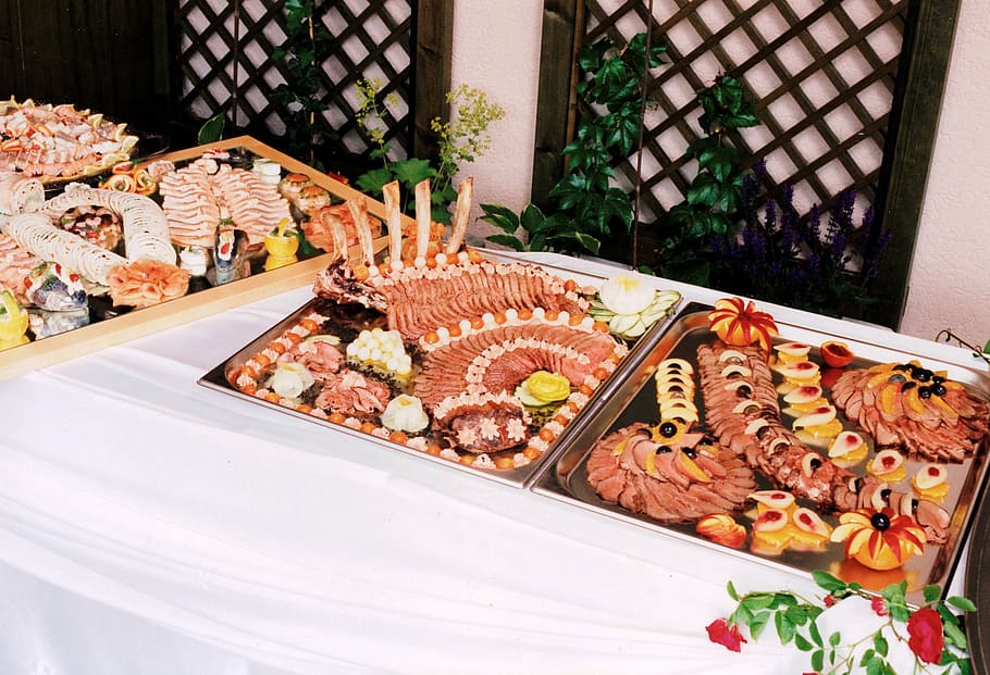 meat buffet on table, plate, arranged, food, appetizing, cut HD wallpaper