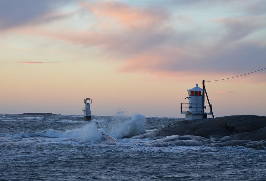 sea, lighthouse, storm, waves, water, cloud, himmel, winter HD wallpaper
