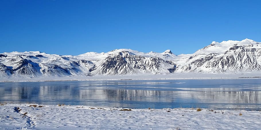 iceland, reflections, decor, blue, mirror, mountain, travel HD wallpaper