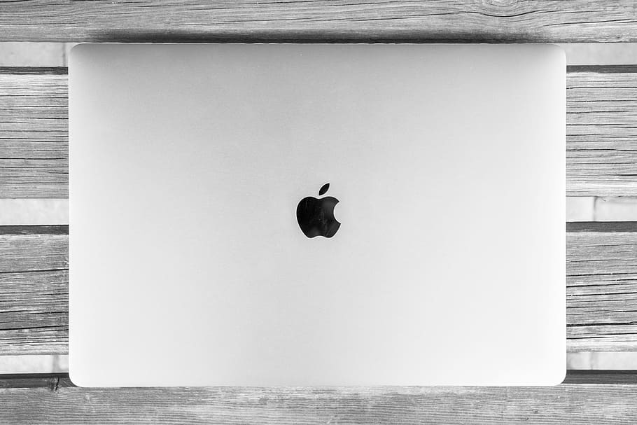 silver MacBook on gray wooden surface, Mbp, Apple, Laptop, Notebook
