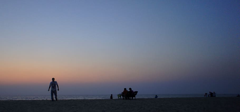 silhouette, beach, sunset, india, sky, sea, water, land, nature HD wallpaper