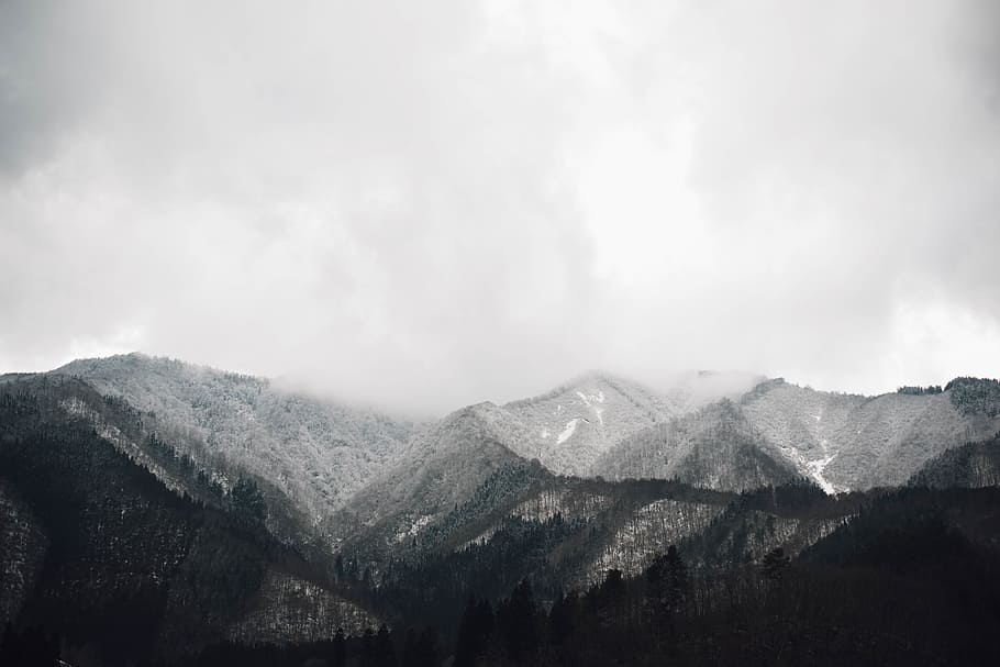 mountain, clouds, sky, aerial, travel, adventure, monochrome HD wallpaper