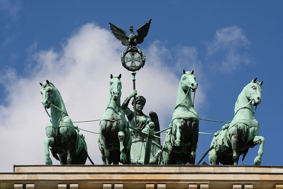 four blue horse statues, berlin, brandenburg gate, landmark, quadriga, HD wallpaper