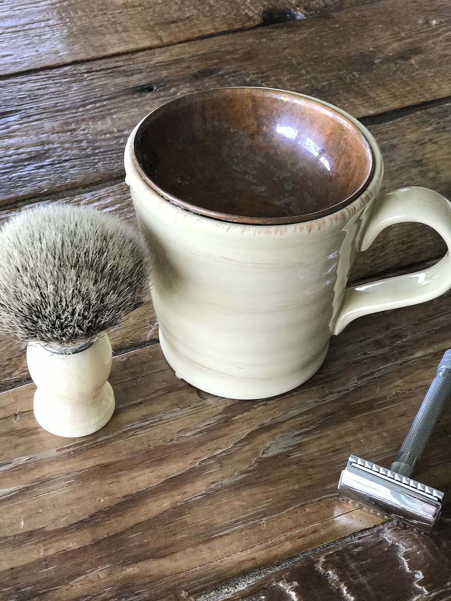 shaving, foam, scuttle, wood - material, table, indoors, still life HD wallpaper