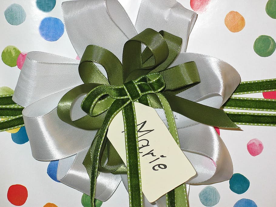 green and white ribbon tied gift, made, for you, loop, give away HD wallpaper