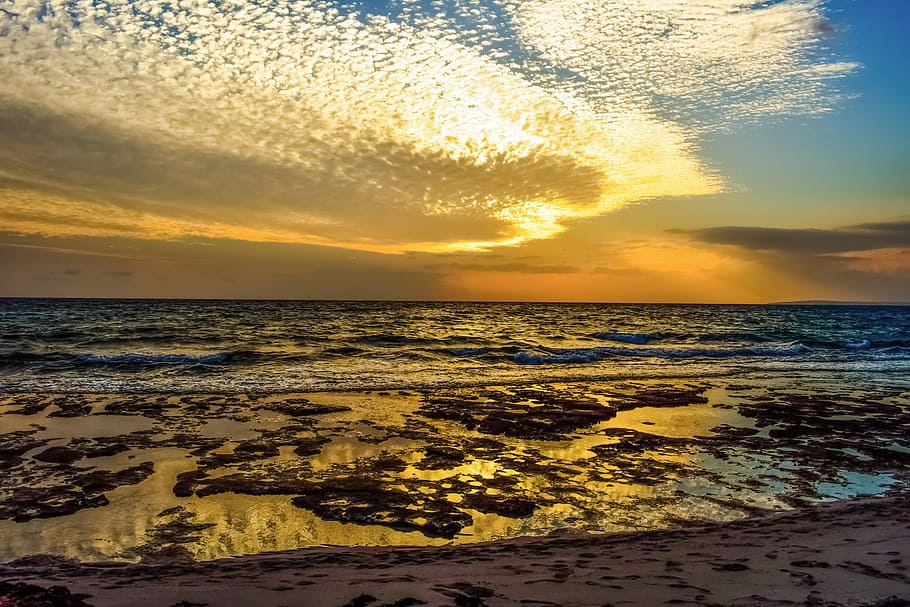 landscape, beach, sunset, sky, clouds, sea, nature, horizon HD wallpaper