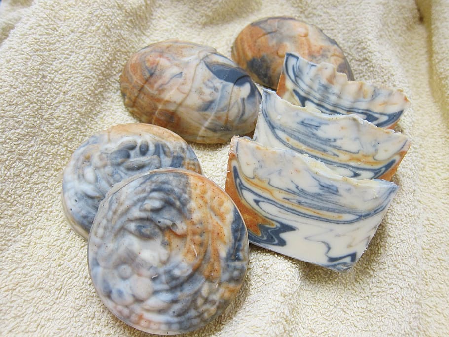 white-blue-brown soaps on white textile, natural, handmade HD wallpaper