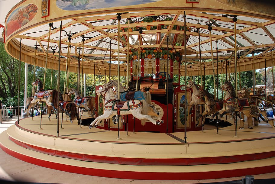 beige and red horse carousel, Merry-Go-Round, Ride, Fun, amusement, HD wallpaper