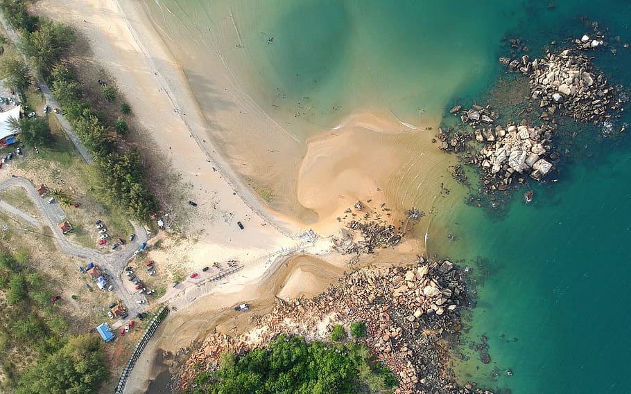sea, bird's eye view, beach, sand, aerial shot, aerial view, from above