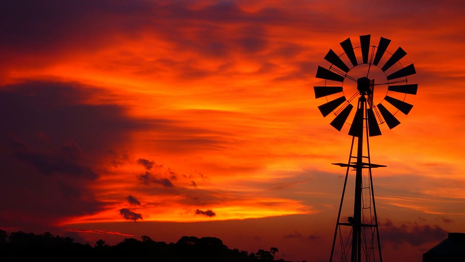 red sky, mill, sky farm, sunset, dusk, cloud - sky, fuel and power generation, HD wallpaper