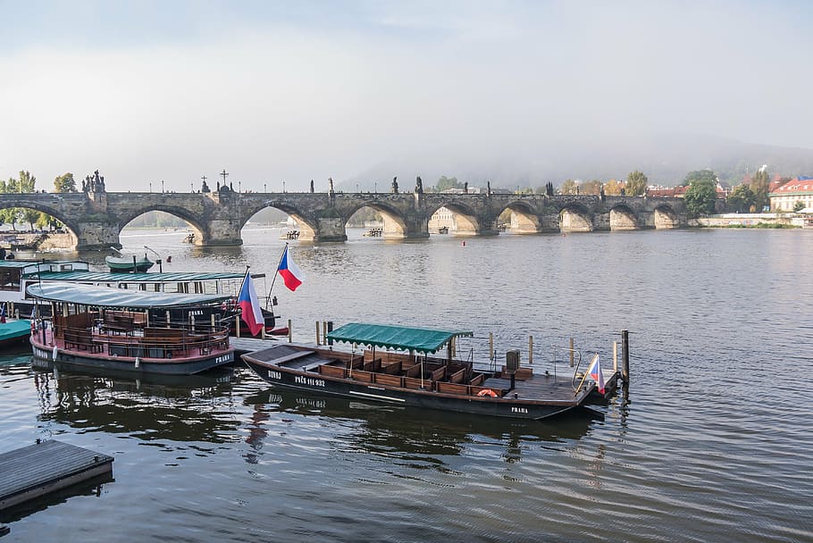 bridge, carlos, prague, water, transportation, nautical vessel HD wallpaper