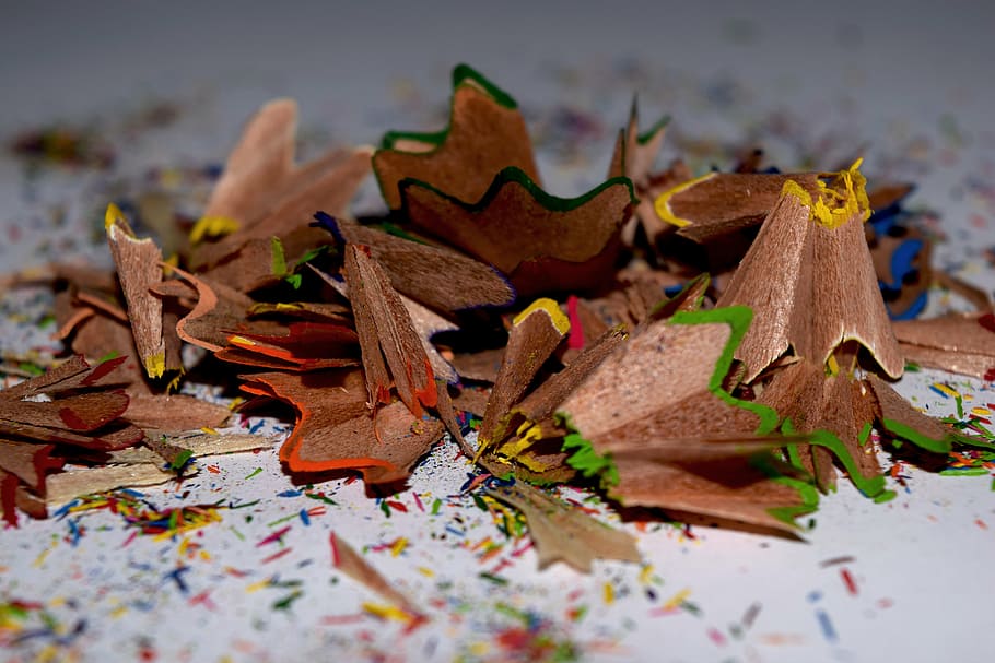 sharpened pencil bits on top of white surface, crayons, debris HD wallpaper