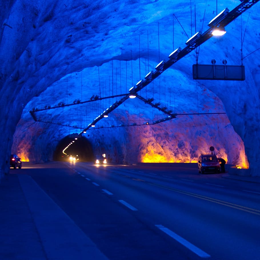 tunnel, architecture, road, motion, blue, panorama, highway HD wallpaper