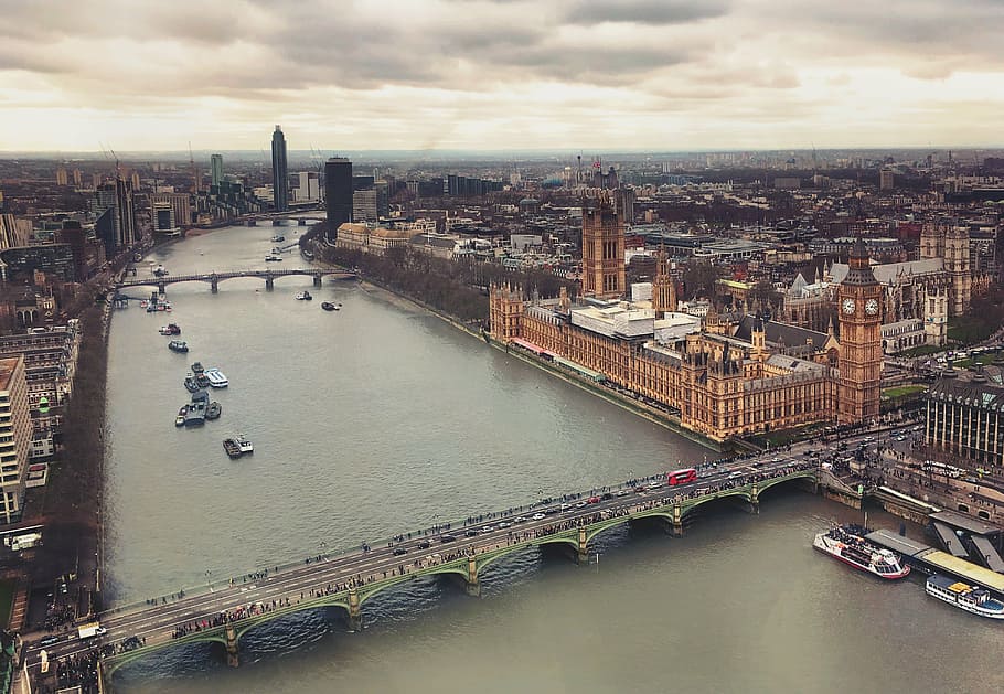 aerial view of bridge between cities, london, westminster, england