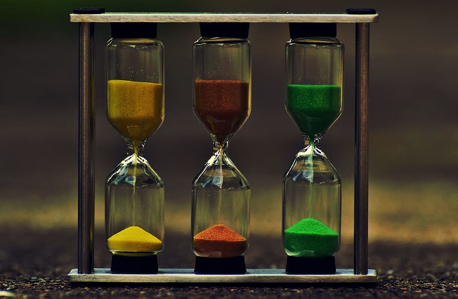 yellow, maroon, and green hourglasses, time, sand, transience HD wallpaper