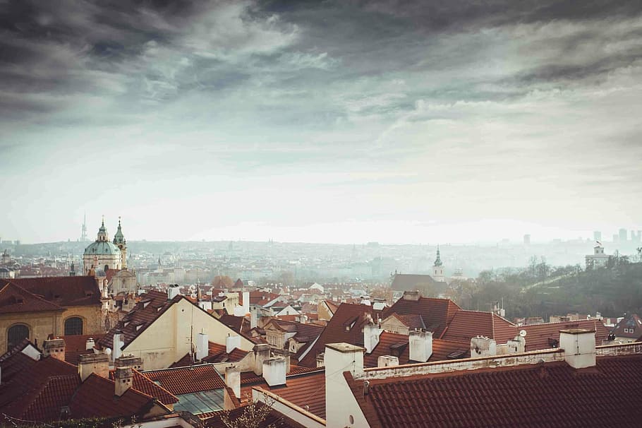 aerial photo of high-rise buildings, city, sky, clouds, prague HD wallpaper