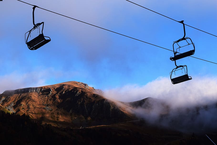 Mountain, Chair Lift, Mont Dore, Clouds, colors, landscape HD wallpaper