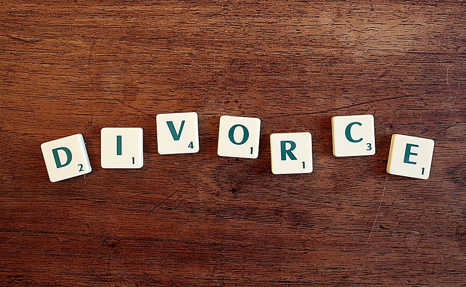 divorce text-printed scrabble tiles on brown wooden surface, word, HD wallpaper