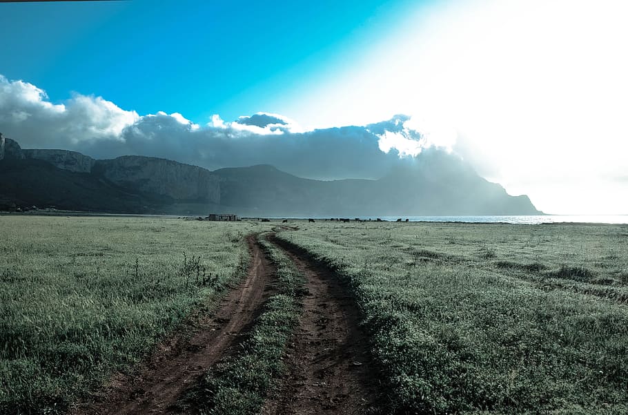 green, grass, road, path, field, mountains, view, clouds, sky HD wallpaper