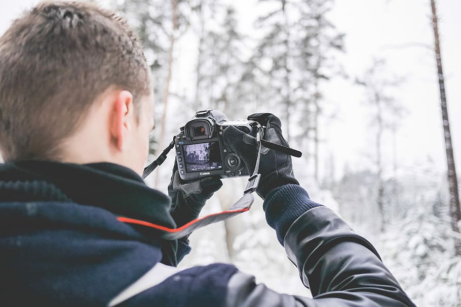 Photographer in Snowy Forest Taking Winter Photos, camera, cold HD wallpaper