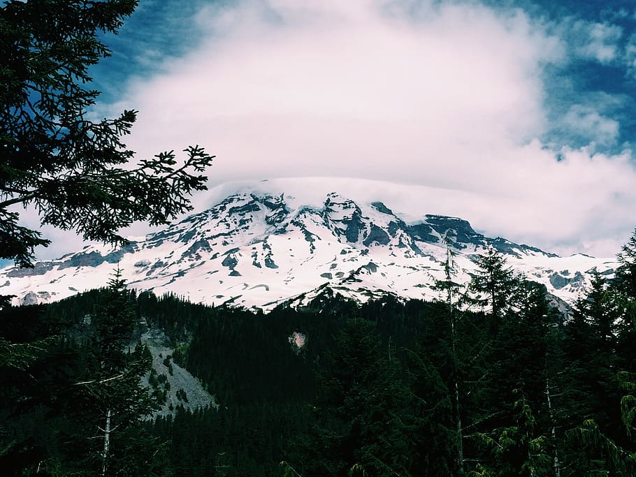 snow-covered mountain under white clouds, snow covered mountain HD wallpaper