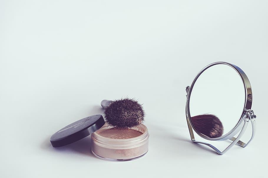makeup brush beside vanity mirror, cosmetics, powder, cosmetic brush