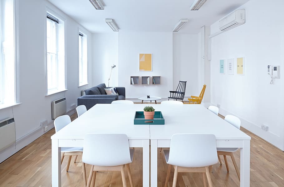 two rectangular white wooden tables with chairs, room, business, HD wallpaper