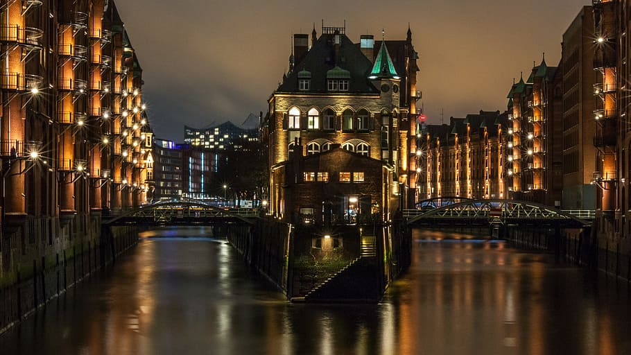city, river, bridge, waters, reflection, speicherstadt, hamburg HD wallpaper