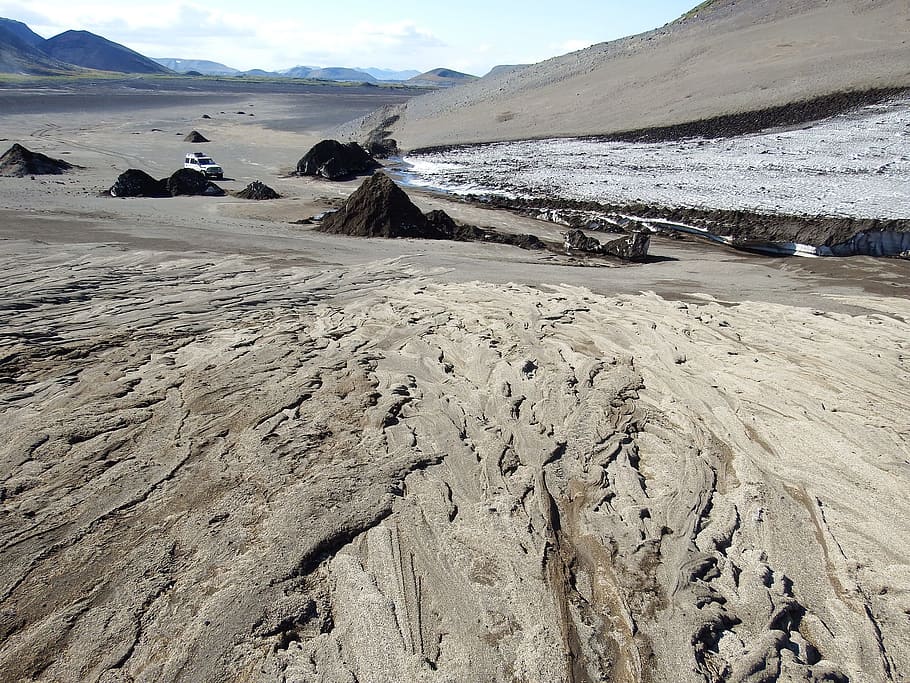 pattern, sand, smudges, creek, mountains, the melting of the snow HD wallpaper
