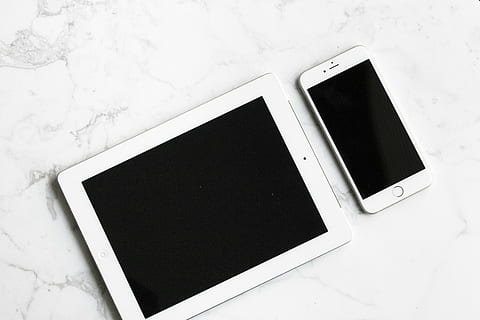 gold iPhone 6 and iPad, white, silver, top, table, office, work HD wallpaper