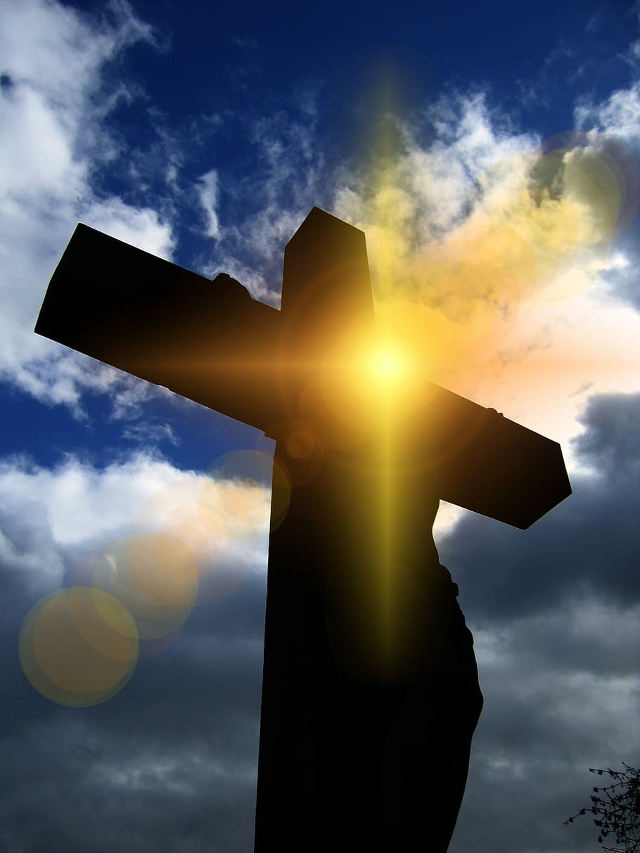silhouette photo of person on cross, crucifix, daytime, jesus