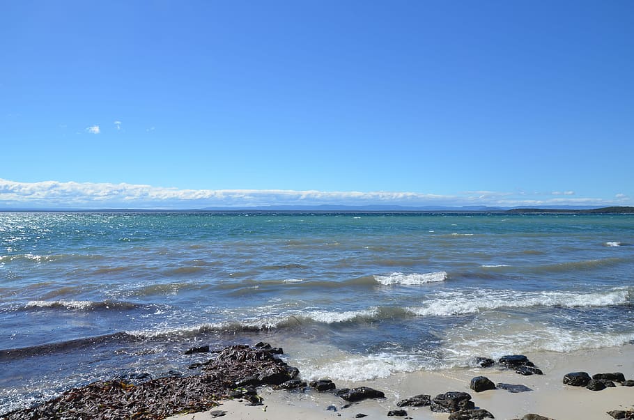 Beach, Rocks, Sea, horizon over water, blue, nature, sky, wave HD wallpaper