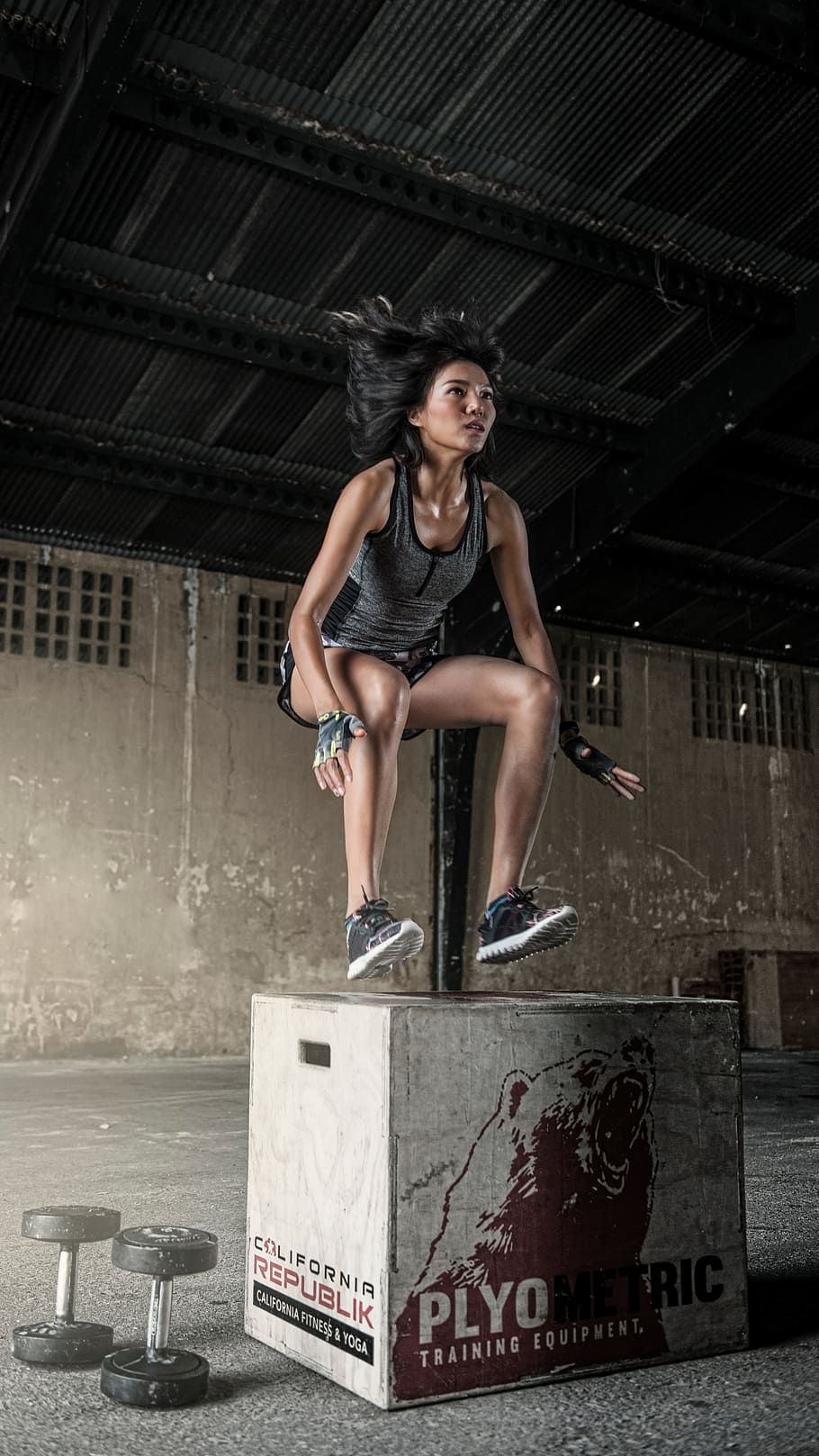 woman in grey top jumping over box, people, girl, exercise, fitness