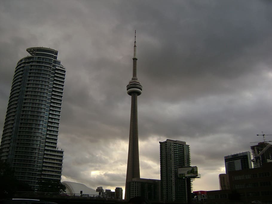 cloudy, cn tower, canada, toronto, city, architecture, building exterior, HD wallpaper