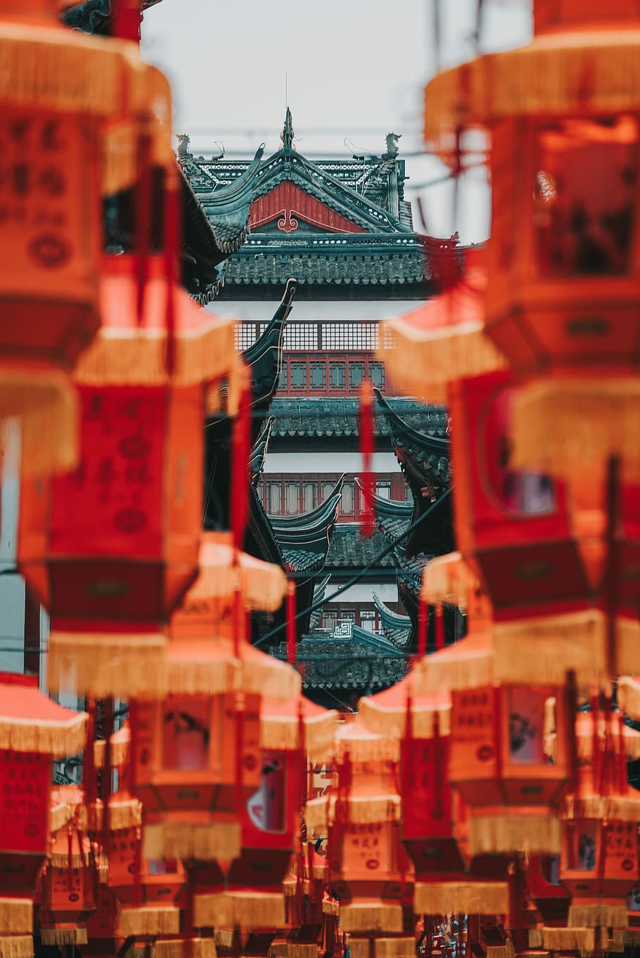 orange and gray buildings, selective focus photography of pagoda temple at distance HD wallpaper