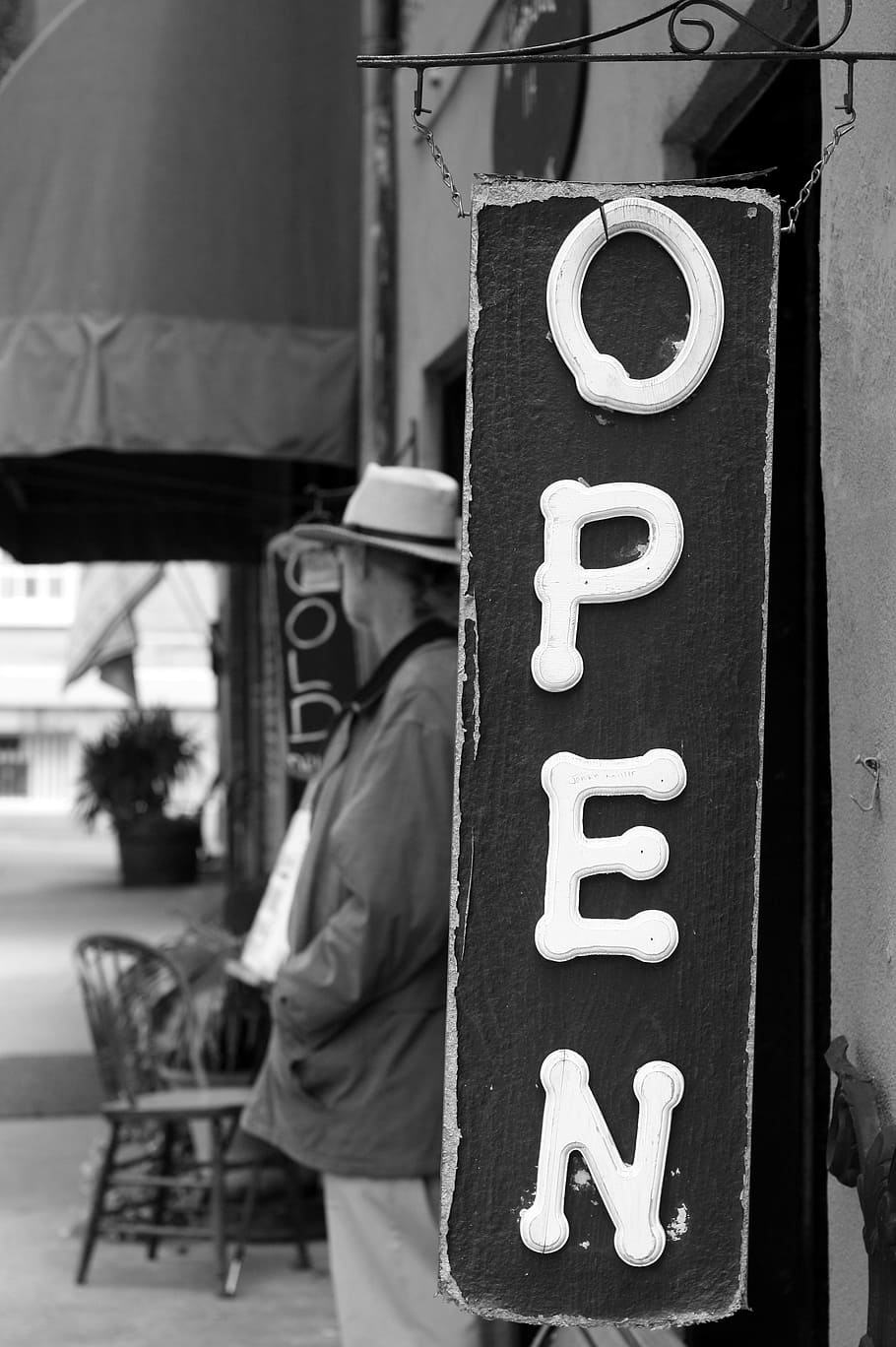 grayscale photography of open signage, shop, inside, street HD wallpaper